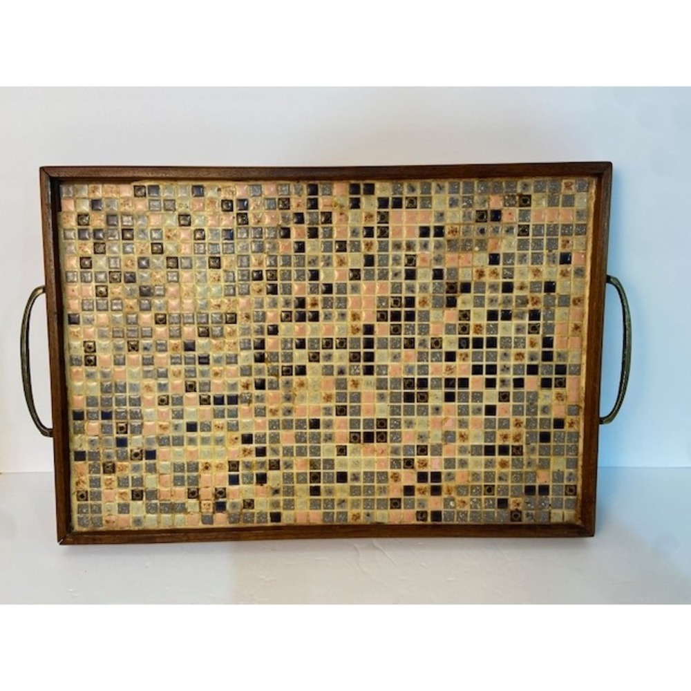 Vintage Mid Century Modern Mosaic Tile Wood Serving Tray Brass Handles Vered